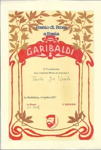 Diploma del Premio nazionale di narrativa e poesia Giuseppe Garibaldi – edizione del bicentenario